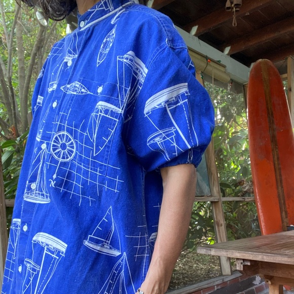Reworked men’s Sun Country XL nautical blue and white print, short sleeve top. - Picture 9 of 10